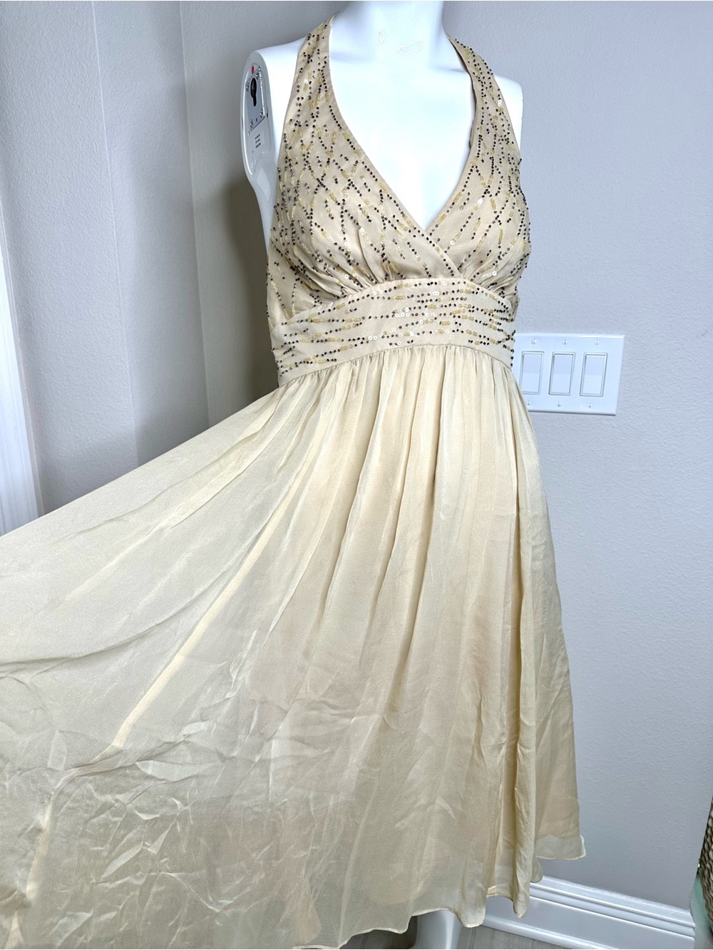 Silk Beaded Sequined Halter Dress Women Sz 6 S Natural Beige Evening Cocktail